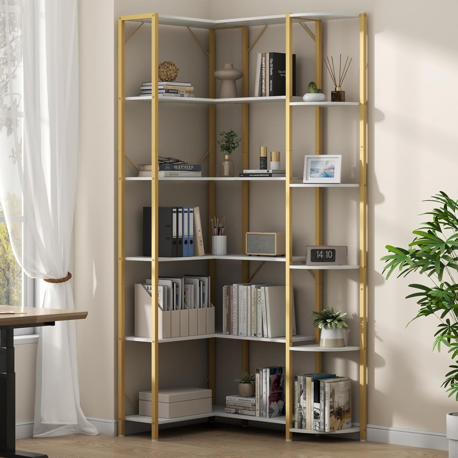 Gold Corner Shelf – 70.87" Tall 6-Tier Modern Corner Bookcase with Open Display Rack, White Shelving & Gold Metal Frame for Living Room or Home Office
