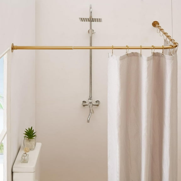 Gold Corner Shower Curtain Rod, [24"-53"] x [24"-53"] Adjustable L Shaped Shower Rod No-Sagging 90 Degree Curved Curtain Rod for Bathroom Bathtub with 12 Ring Hooks & Ceiling Support