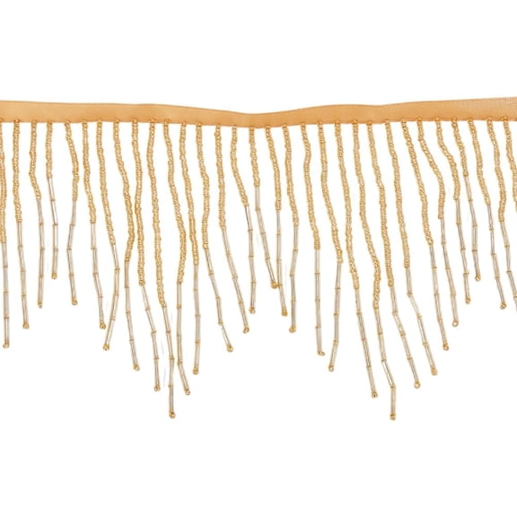 Gold Cotton & Glass Bead Wavy Water Shape Fringe Trim - 1.8 Yards 5.5 Inch Wide - DIY Craft Style - Solid Pattern Mixed Color