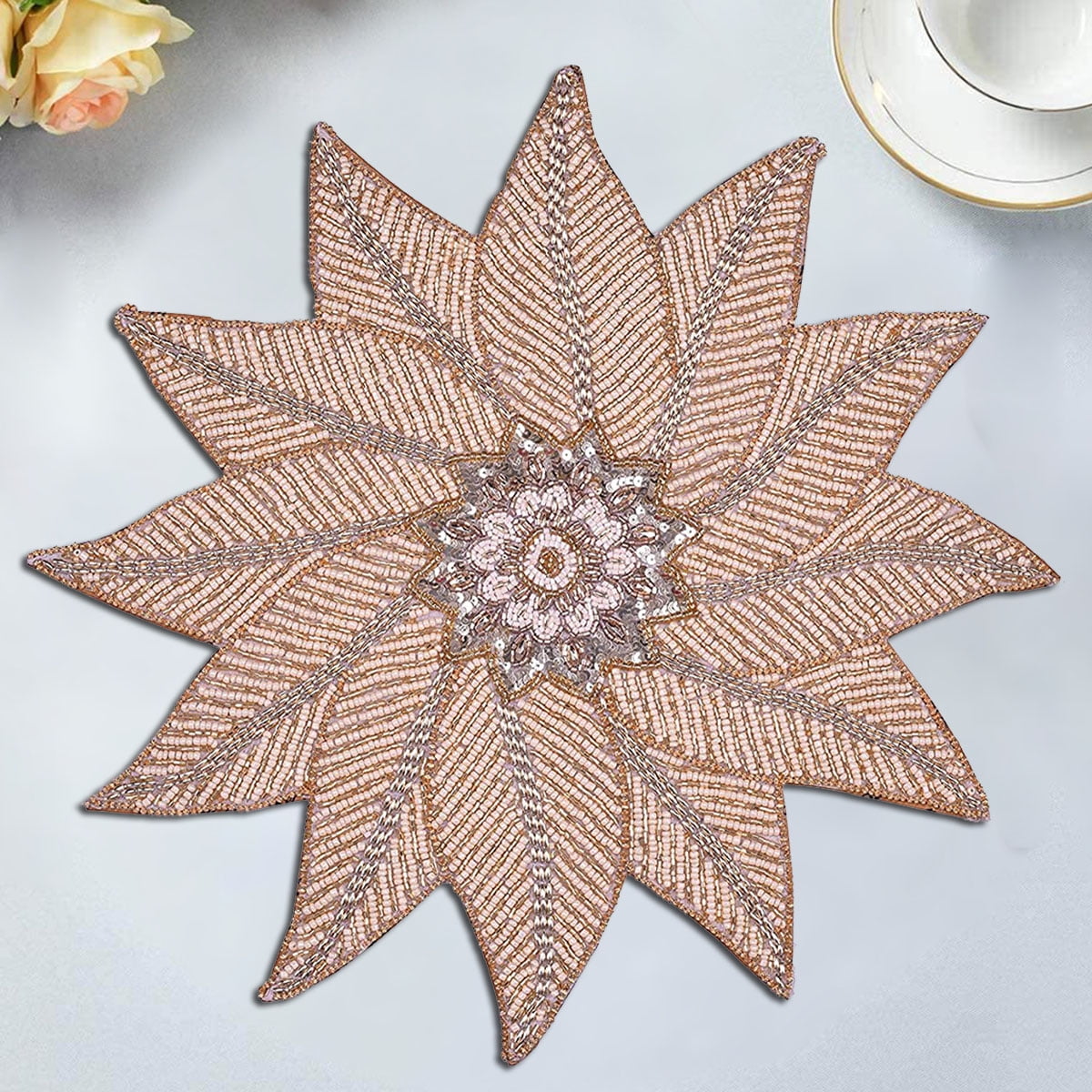 Gold Cream Beaded Placemats Set of 2 for Dining Coffee Table Scratch