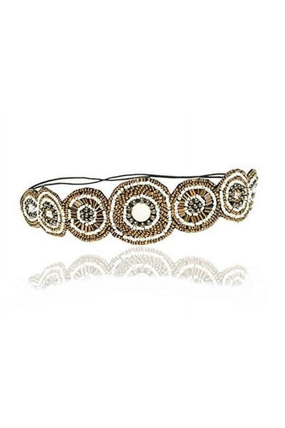 Gold and Cream Bridal Wedding Stone Beaded Headband Elastic Stretch Headwrap with Style Guide 20 Differnt Ways to Wear for Wedding, Bride, Flower Girl, Bridesmaid, or Prom