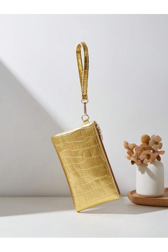 Gold Croc-Embossed Clutch Handheld Phone Wallet With Zipper Closure 1PC