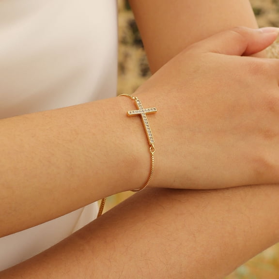 Gold Cross Bracelet for Women, 18K Gold Plated Non Tarnish Adjustable Chain Bracelet with Zircon Crucifix, Hypoallergenic Womens Christian Religious Jewelry Gifts for Her