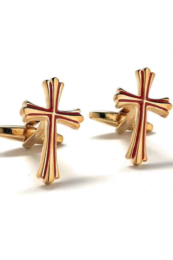 Gold Cross Cufflinks with Red Enamel Inlay Christian Faith Jewelry for Men, Gift for Pastor or Groom