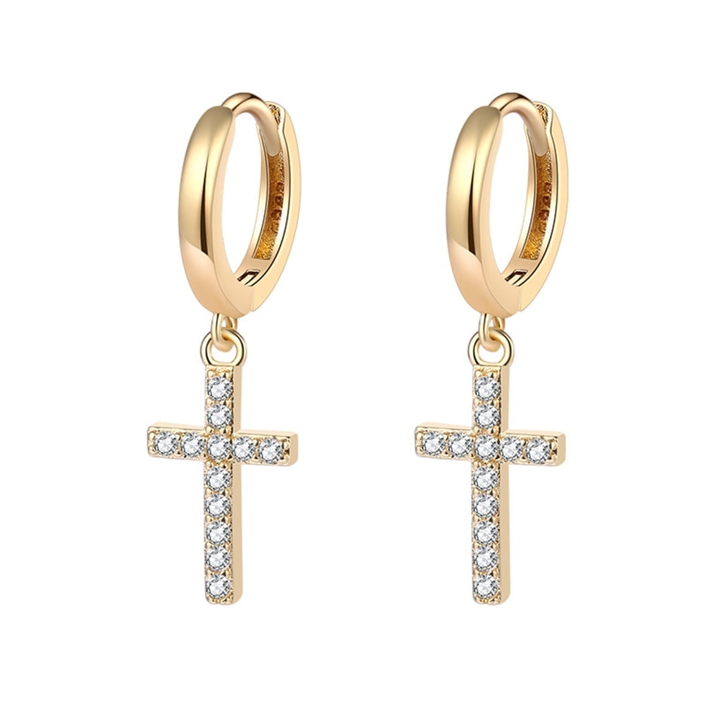 Genuine 925 Sterling Silver & 18k Gold Plated Small Cross Dangle Hoop