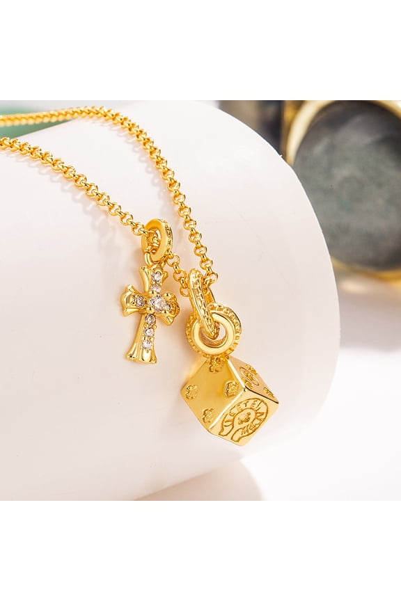 Gold Cross & Dice Pendant Necklace - Vintage Gothic Style Layered Charm Chain for Men & Women
