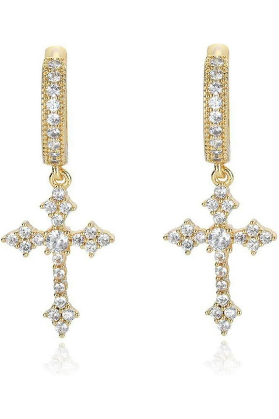 Gold Cross Earrings for Women 14K Gold Plated Drop Dangle Cross Hoop Earrings Trendy Huggie Hoops Dangling Diamond Earrings for Men