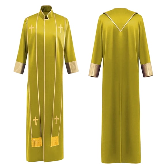 Gold Cross Embroidered Robe for Women/Men, Cleric Priest Halloween Costume with Tassel Trim — Mandarin Collar Long Sleeve Chasuble for Cosplay & Church Choir Performance Yellow XXL