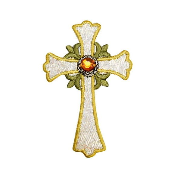 Gold Cross - Green Flowers - Gem - Iron on Applique/Embroidered Patch