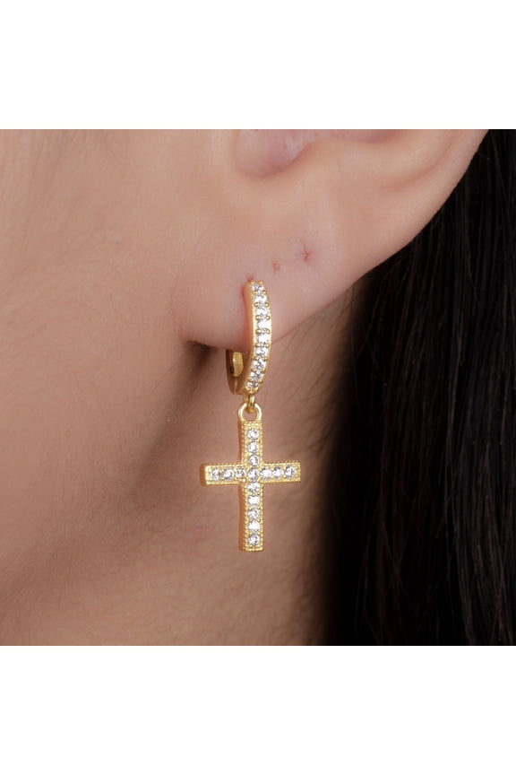 Gold Cross Hoop Earrings, Silver Cross Charm Huggie Hoops, Cz Cross Hoops Dangle, Hoop with Cross, Mens Sterling Silver Iced Cz Cross Hoops