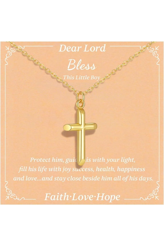 Gold Cross Necklace - 14k Gold Plated Minimalist Cross Necklace, Non-Tarnish Golden Religious Faith Christening Jewelry, First Communion Baptism Confirmation Easter Gift