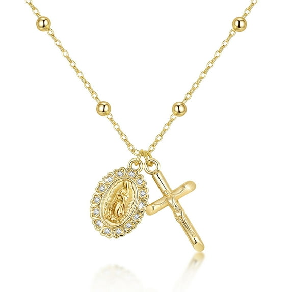 Gold Cross Necklace for Women - 14k Gold Plated Virgin Mary Pendant Necklaces,Hypoallergenic Non Tarnish Golden Cubic Zirconiaholic Virgen de Guadalupe Jewelry,Religious Faith Baptism Gift for Her