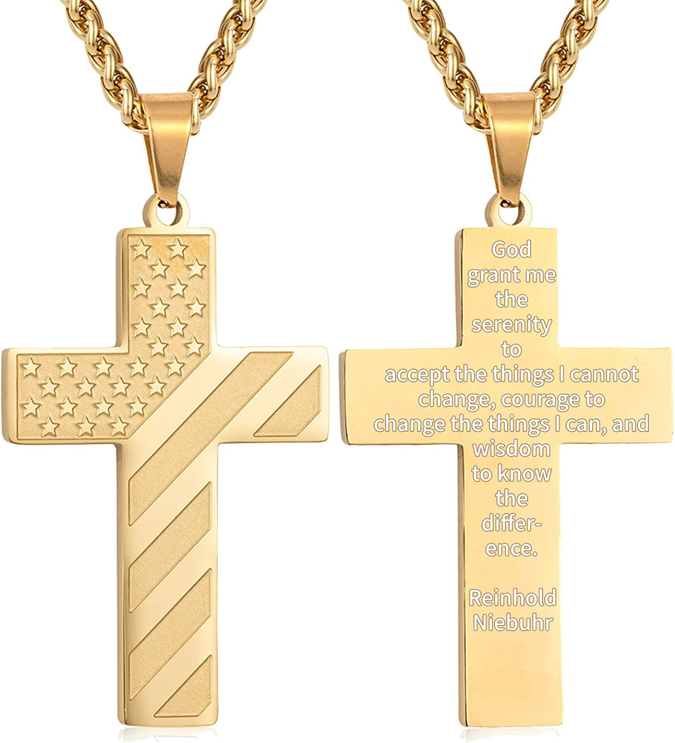 Gold Cross Necklace for Men Bible Verse Stainless Steel American Flag Pendant Chain for Boys Men