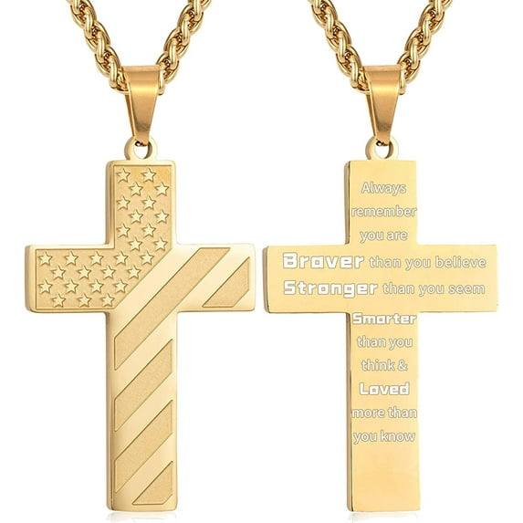 APSVO Gold Cross Necklaces for Men Boys American Flag Pendant Chain Catholic Christian Religious Graduation 4th of July Birthday Jewelry Gifts Ideas Dad Husband Tween Son Boyfriend Teen Kids Age