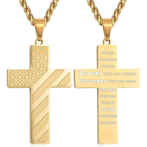 Gold Cross Necklaces for Men Boys American Flag Pendant Chain Catholic Christian Religious Graduation 4th of July Birthday Jewelry Gifts Ideas Dad Husband Tween Son Boyfriend Teen Kids Age
