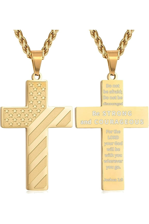 Gold Cross Necklaces for Men Boys American Flag Pendant Chain Catholic Christian Religious Birthday Valentines Day Jewelry Gifts Teen Him Dad Boyfriend Husband Male Son Adults Kids Age Ideas