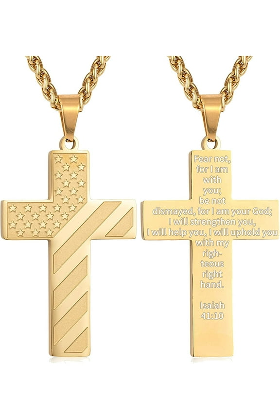 Gold Cross Necklaces for Men Boys American Flag Pendant Chain Catholic Christian Religious Birthday Valentines Day Jewelry Gifts Teen Him Dad Boyfriend Husband Male Son Adults Kids Age Ideas