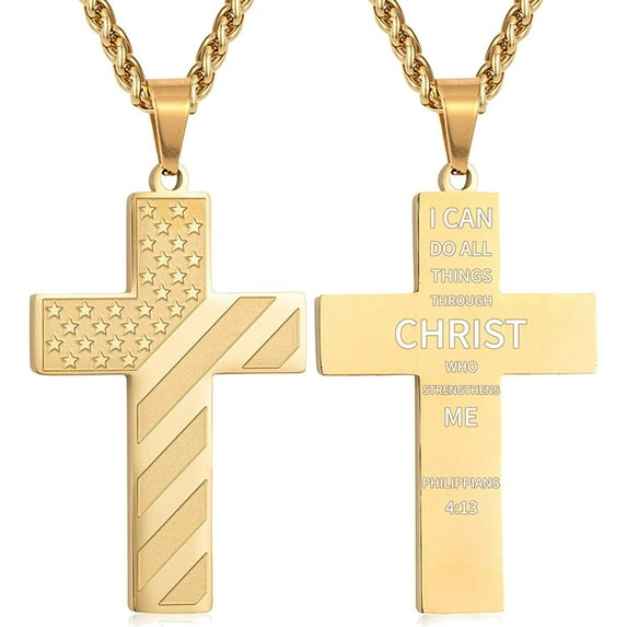 APSVO Gold Cross Necklaces for Men Boys American Flag Pendant Chain Catholic Christian Religious Birthday Valentines Day Jewelry Gifts Teen Him Dad Boyfriend Husband Male Son Adults Kids Age Ideas