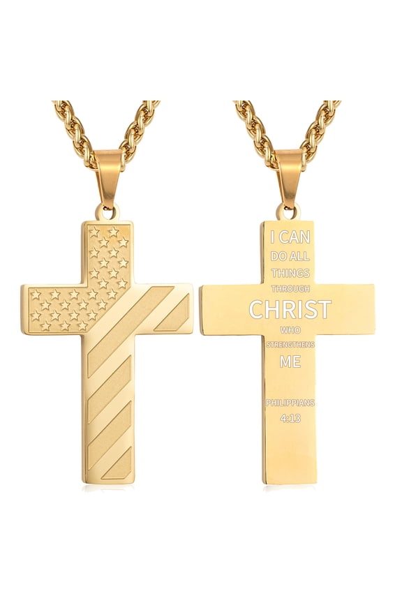 Gold Cross Necklaces for Men Boys American Flag Pendant Chain Catholic Christian Religious Birthday First Communion Graduation Fathers Day Jewelry Gifts Teen Him Dad Son Adults Kids Age Ideas