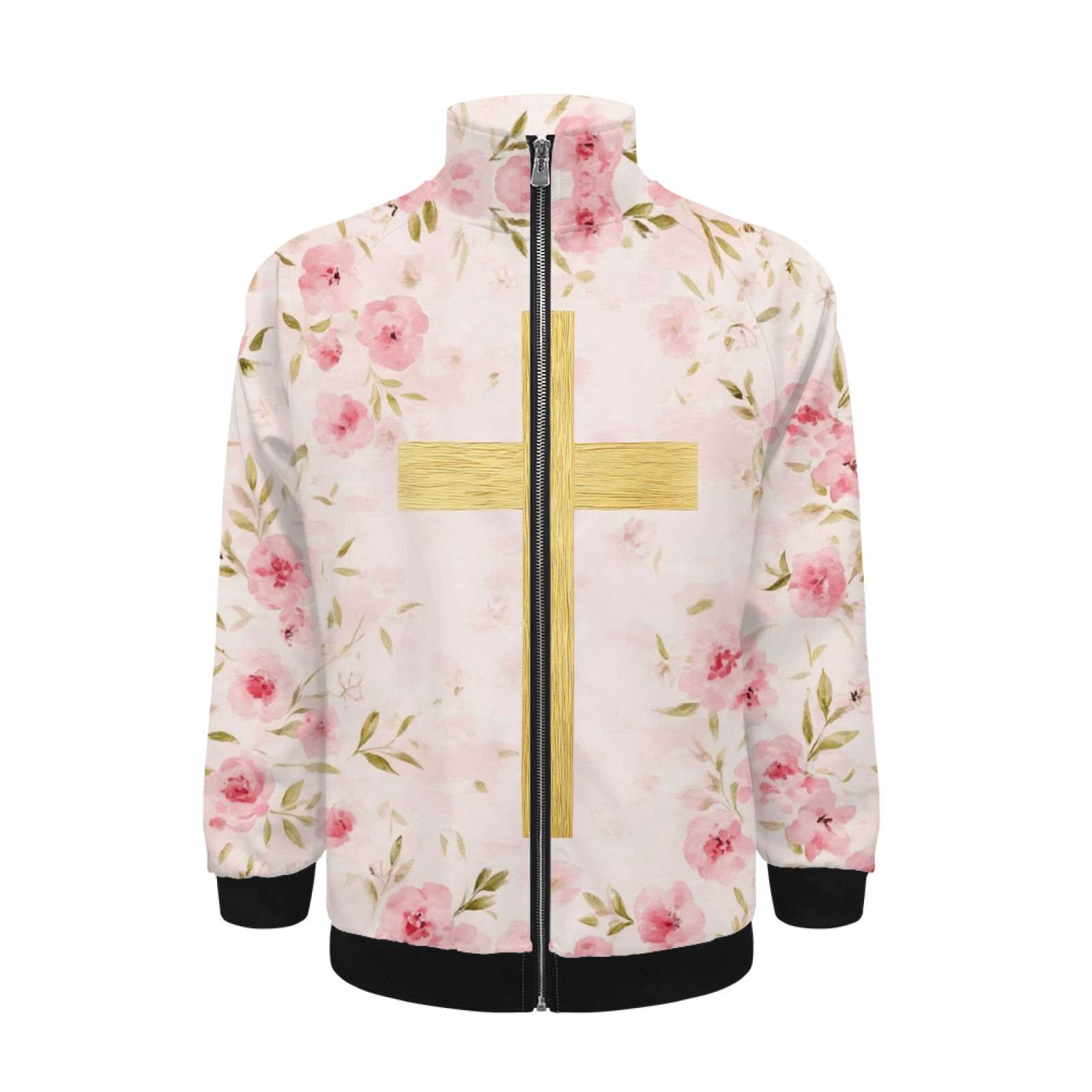 Gold Cross On Pink Floral Pattern Jacket Men's Street Cool Long Sleeves ...