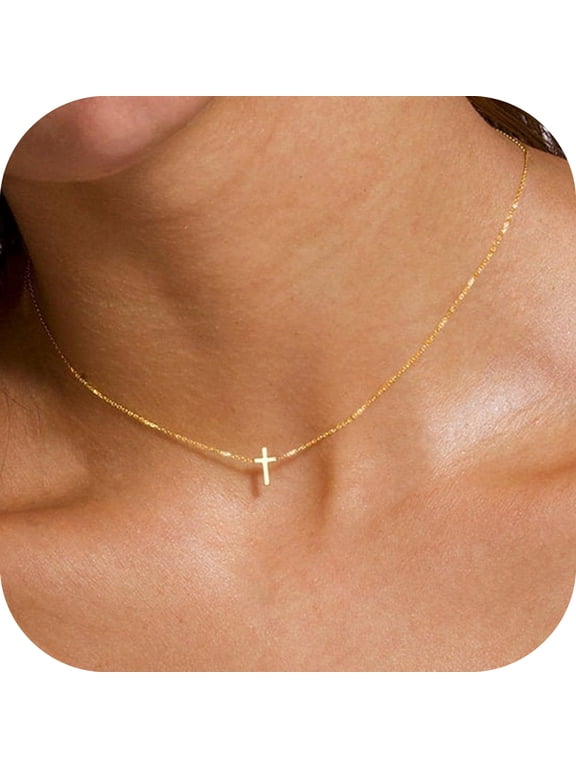 14K Gold Plated Dainty Tiny Cross Choker Pendant Necklace for Women Faith Jewelry Trendy Personalizedt First Communion Christian Religious Gifts for Her Girls