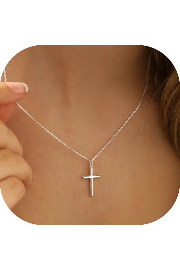 14K White Gold Plated Dainty Tiny Cross Pendant Necklace for Women Faith Jewelry Trendy Personalizedt First Communion Christian Religious Gifts for Women Her Girls