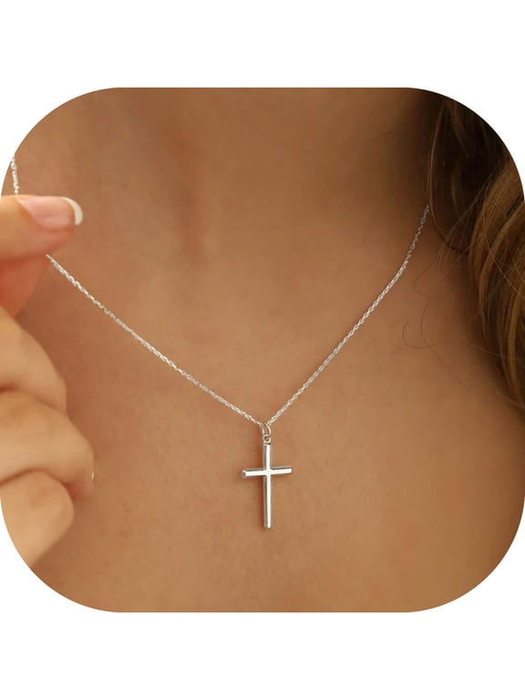 14K White Gold Plated Dainty Tiny Cross Pendant Necklace for Women Faith Jewelry Trendy Personalizedt First Communion Christian Religious Gifts for Women Her Girls