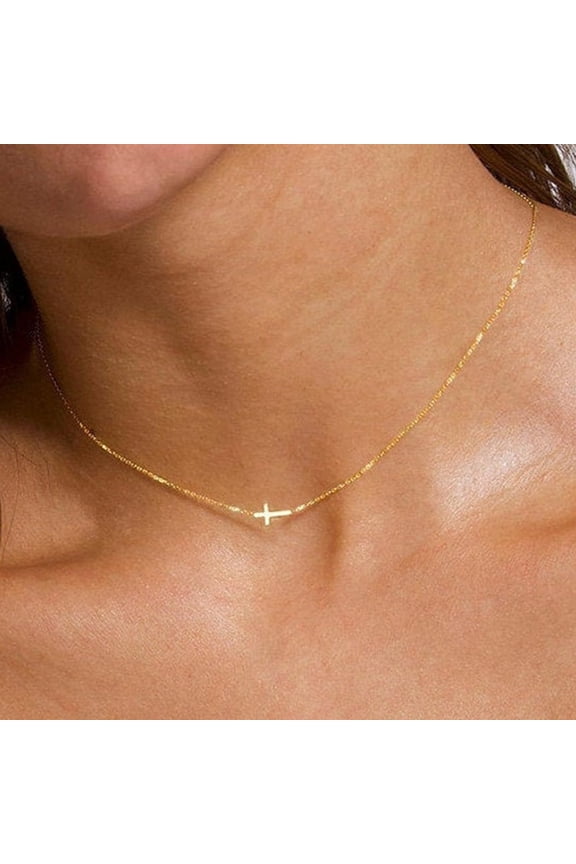 14K Gold Plated Dainty Tiny Sideway Cross Choker Pendant Necklace for Women Simple Jewelry Trendy Personalizedt First Communion Christian Religious Gifts for Her Girls