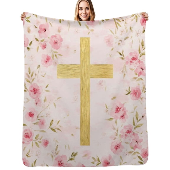 Gold Cross on Pink Floral Pattern Flannel Blanket Warm Soft Bedding Throws Winter Camping Chair Sofa Bed