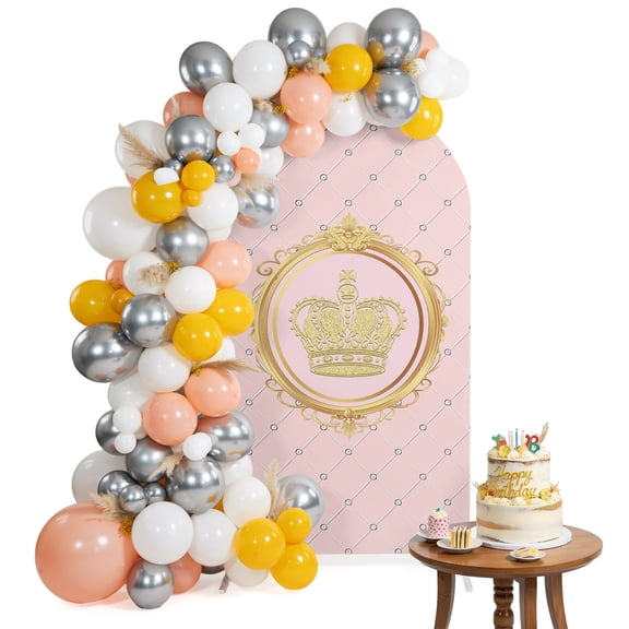 Gold Crown Arch Backdrop Cover 4 Ft Net Texture Pink Background Gradient Spandex Fitted Stretchy Arch Cover, Round Top Chiara Backdrop Cover for Wedding Birthday Baby Shower