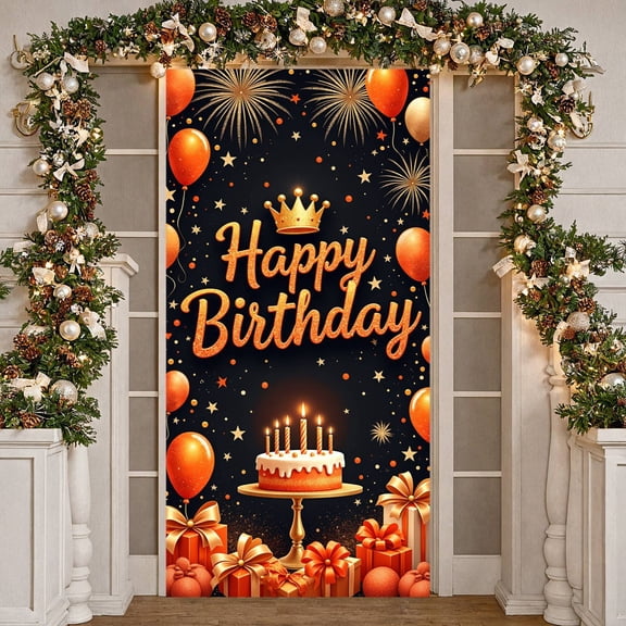 Gold Crown Banner Orange Balloons Birthday Display Golden Fireworks Gift Boxes Party Backdrop for Birthday Party Kids Celebration Photo Shoot