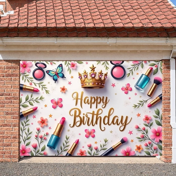 Gold Crown Banner Pink Flowers Princess Backdrop Butterfly Design Cosmetic Elements Makeup Background for Birthday Party Girls' Celebration Photo Shoot