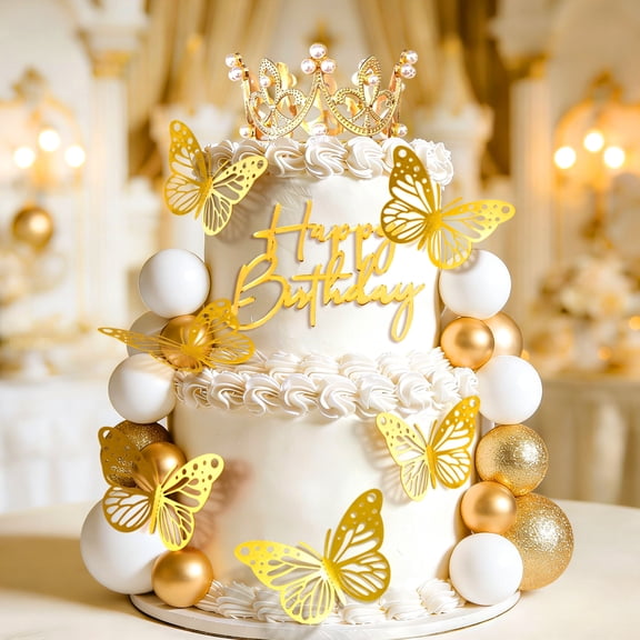 Gold Crown Butterfly Cake Decorations 48PCS - Elegant Party Decor for Birthday Wedding Anniversary Dessert Table