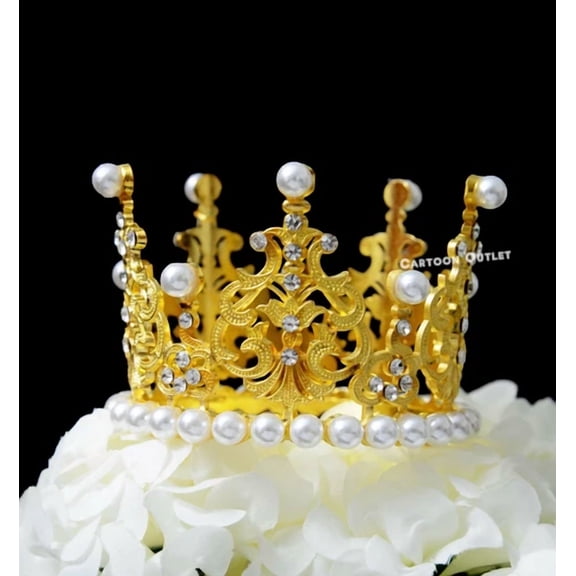 Gold Crown Cake Topper Decoration Princess Prince Baby Shower Pearls Favors