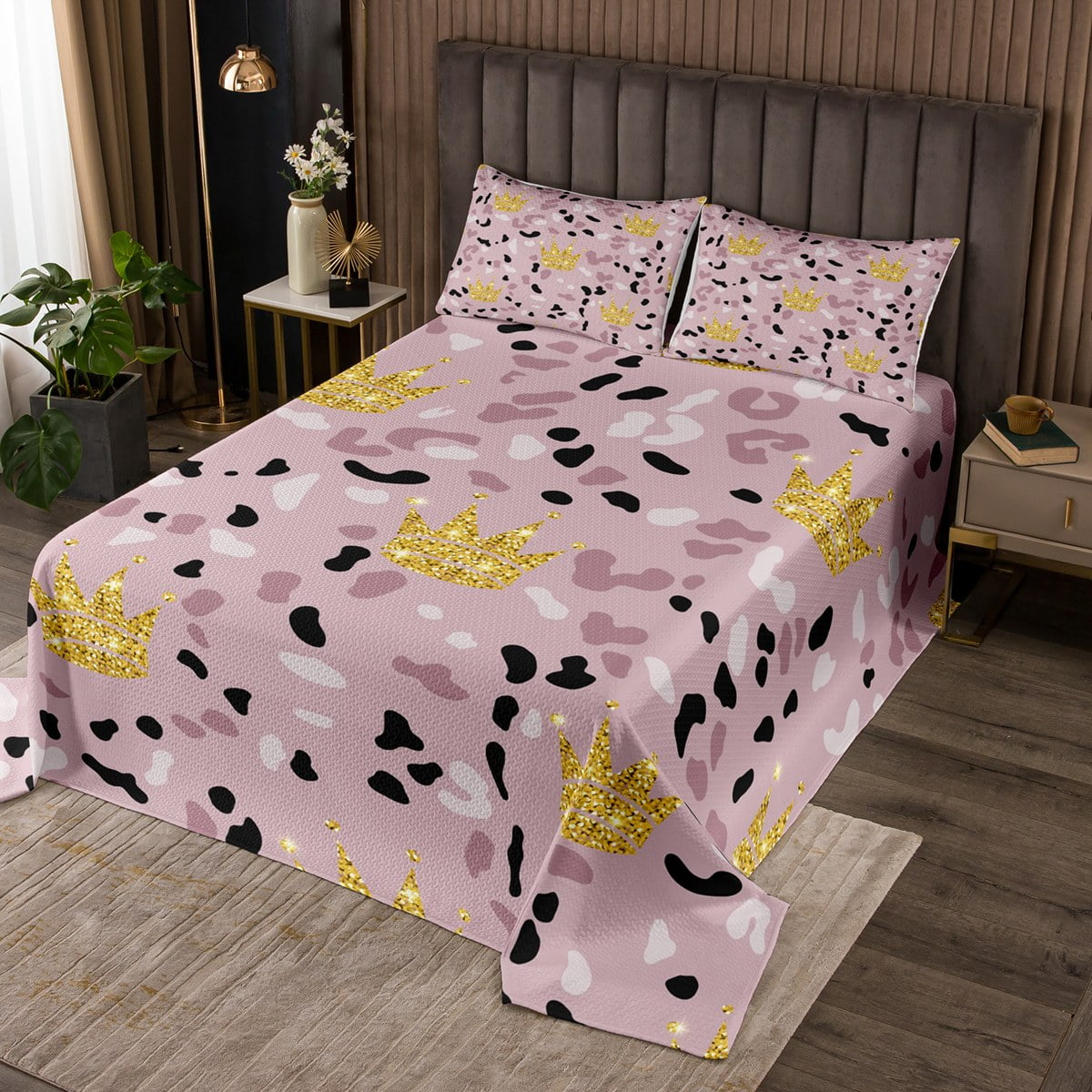 Gold Crown Coverlet Queen Size for Girls Women Pink Cheetah Print