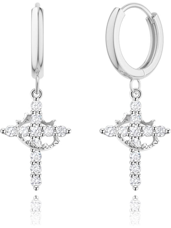 Gold Crown Cross Earrings for Women - 14K Gold Plated Huggie Hoop Earrings with CZ Diamond Cross Charm Dangle, Religious Christian Jewelry Gifts for Her
