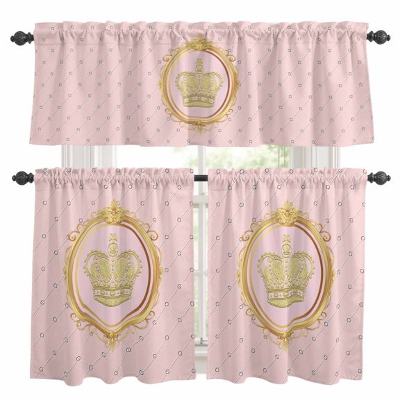Gold Crown Kitchen Curtains Valances and Tiers Set of 3 Net Texture Pink Background Gradient Tier Curtains and Valance with Rod Pocket for Small Windows, 27.5"x24"