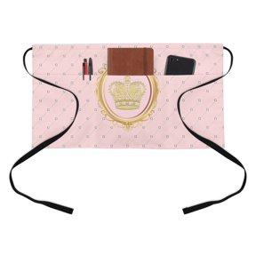 Gold Crown Kitchen Restaurant Half Waist Apron, Net Texture Pink Background Gradient Server Short Apron with 3 Pockets Waterproof Oil Waist Aprons for Women Waitress Waiter