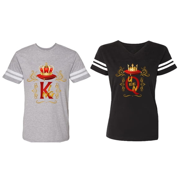 Gold Crown Matching Couple Cotton Jerseys (Men Heather / Women Black) (Men L / Women M)