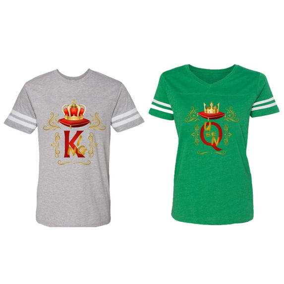 Gold Crown Matching Couple Cotton Jerseys (Men Heather / Women Green) (Men M / Women L)