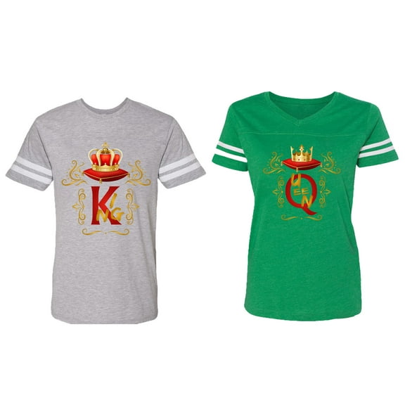 Gold Crown Matching Couple Cotton Jerseys (Men Heather / Women Green) (Men M / Women L)
