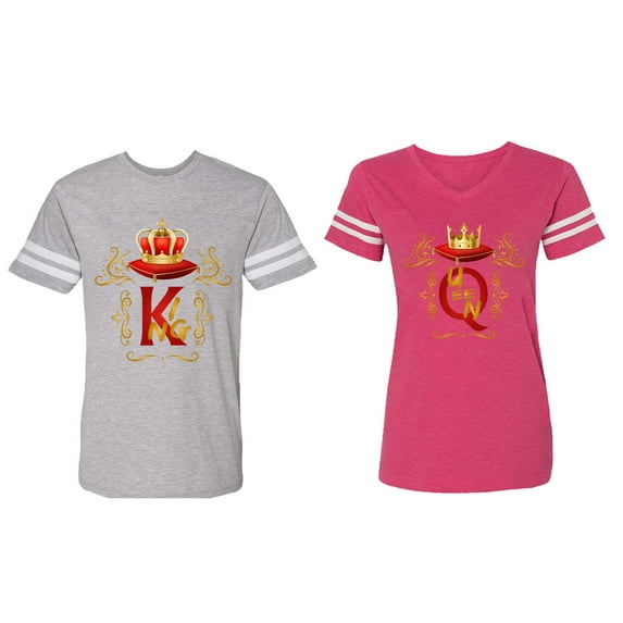 Gold Crown Matching Couple Cotton Jerseys (Men Heather / Women Pink) (Men XL / Women S)