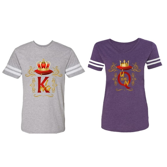 Gold Crown Matching Couple Cotton Jerseys (Men Heather / Women Purple) (Men M / Women M)