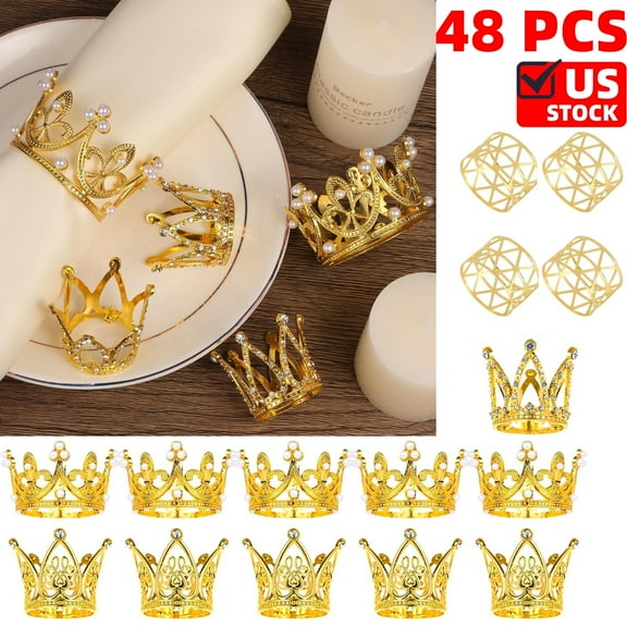 Gold Crown Rhinestone Pearl Napkin Rings & Geometric Lines Napkin Rings -48PCS- Tiara Napkin Serviette Holder Buckles Cupcake Cake Toppers for Wedding Festival Holiday Party Dining Table Home Decor