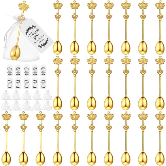 Gold Crown Spoons Tea Party Favor Set 24 Pieces with Tags and Bags