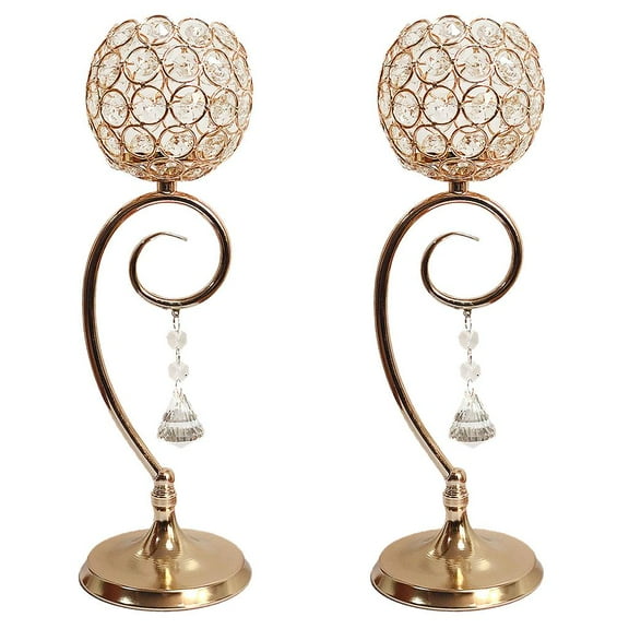 Gold Crystal Candle Holders Set Of 2, Metal Pillar Tealight Candlestick Holders For Wedding Kitchen Dinning Table Centerpiece Decorative