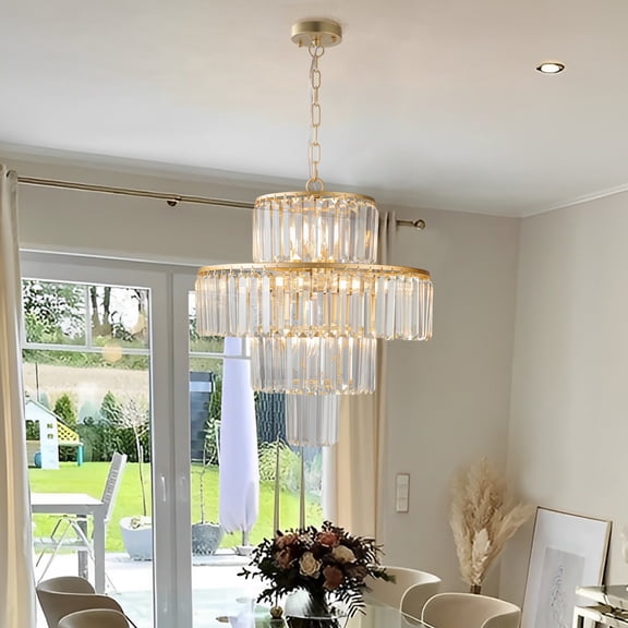 Gold Crystal Chandelier, 12-Light 4 Tiers 19.7" Crystal Light, Adjustable Hanging Metal Ceiling Lighting Fixture, Modern Foyer Dining Room Chandeliers for Bedroom,Hallway,Kitchen