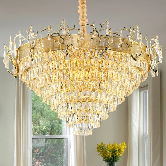Gold Crystal Chandelier,39.3''Modern Round French Chandeliers 8-Tier K9 Flush Mount Ceiling Pendant Light Fixtures, Extra Large Unique Raindrop Hanging Chandelier for Living Room, Hotel