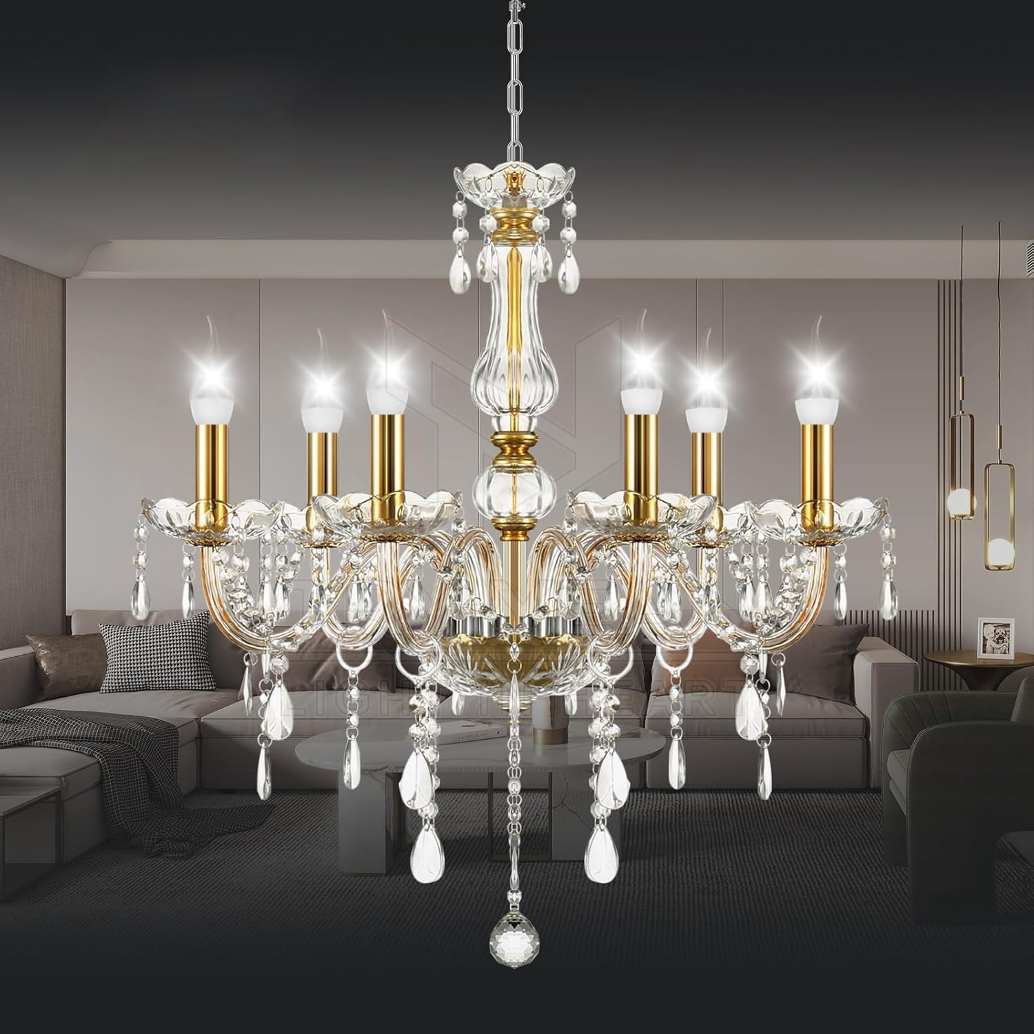 Ridgeyard 4 Lights Gold Crystal Chandelier Pendant Rain Drop Ceiling Light Fixture For Dining Room Bedroom