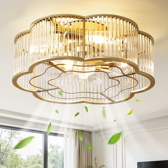 Gold Crystal Flush Mount Ceiling Fan with Light 20in Ultra Low Profile Waterfall Fandelier for Living Room Dining Room Bedroom